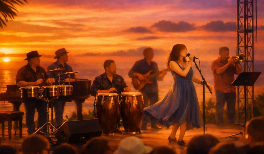 Salsa-Band im Sonnenuntergang (Illustration der Zielstimmung) AI Generiert